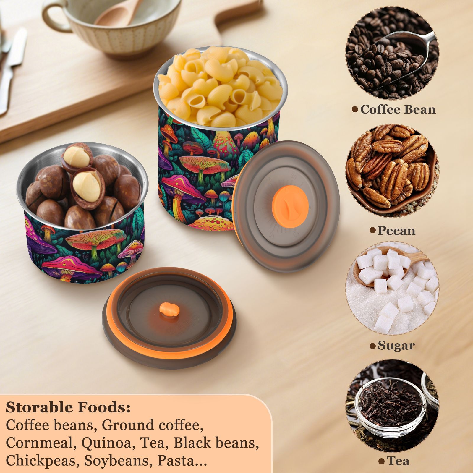 Neon Mushroom Airtight Coffee Bean Canister 30oz Food Storage Containers with Lids For Gournd, Tea, Sugar, Flour, Rice, Cereal, Candy Cookie Jar