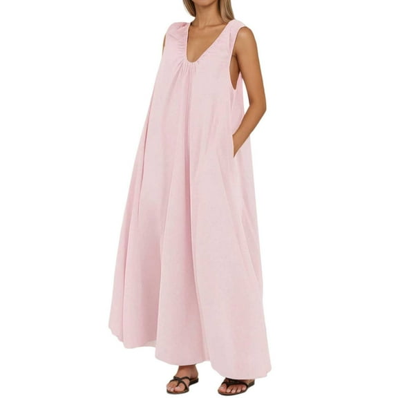 Women's Casual Dress U Neck Sleeveless Pullover Solid Color Maxi Dress For Daily Wear Comfortable Flowy Summer Dress With Wide Straps
