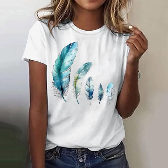 AGWOLF Feather Print T Shirts for Women Casual Crewneck Short Sleeve Shirt Loose Fit Graphic Tees Funny T Shirts for Women