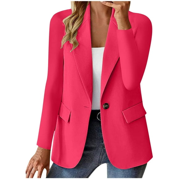 Enjoytime Womens Blazer Solid Color Long Sleeve Button Down Suit Jackets Business Work Office Casual Outerwear Plus Size Clothes Hot Pink XXL