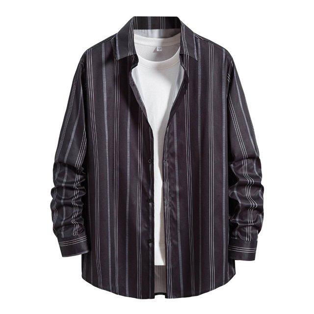 Camisas Oversize Hombre Chaqueta acolchada con bolsillo y solapa cuadrada a rayas informal a la moda de otoño e invierno para hombre (Black, M)