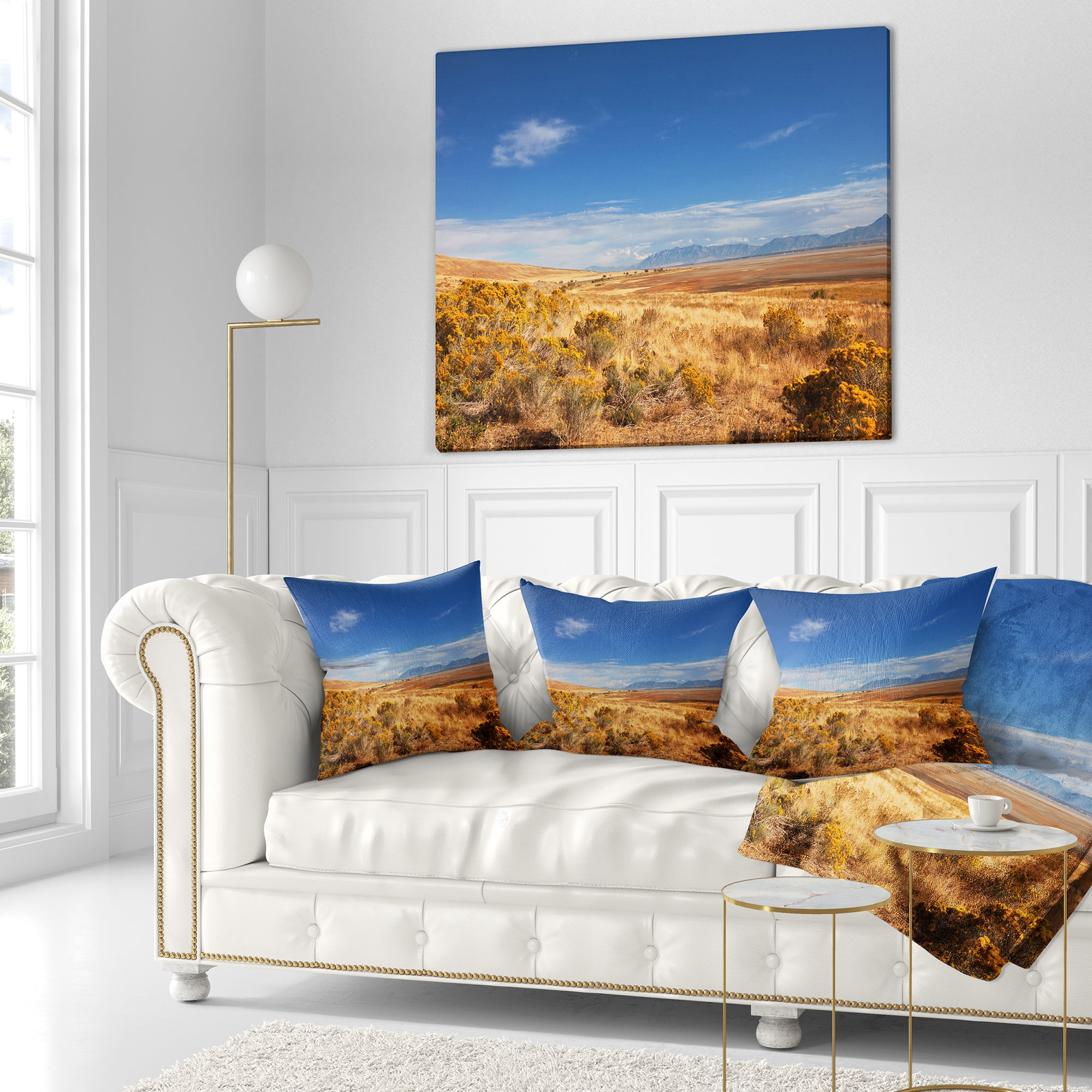 Designart Expansive Prairie under Blue Sky - Landscape Printed Throw Pillow - 16x16