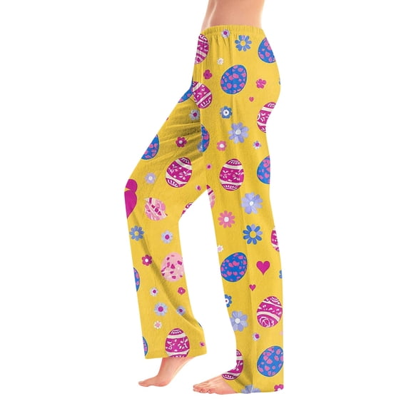 Fgvctg Easter Pajama Pants for Women Trendy Bunny Graphic Wide Leg Pajamas Sleepwear High Waisted Pj Pant Lightweight Spring Drawstring Lounge Pants with Pockets Yellow XL