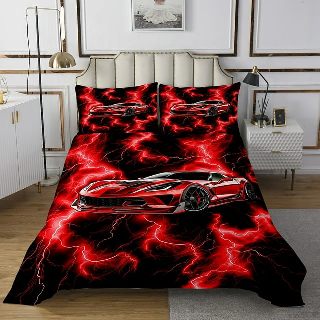 Erosebridal Ensemble de Couvre-Lit Voiture de Course Rouge Grand Lit, Ensemble de Literie Éclair Néon, Ensembles de Couvre-Lit Sport de Vitesse Format Grand Lit, Décor de Chambre Respirant, 3 Pcs