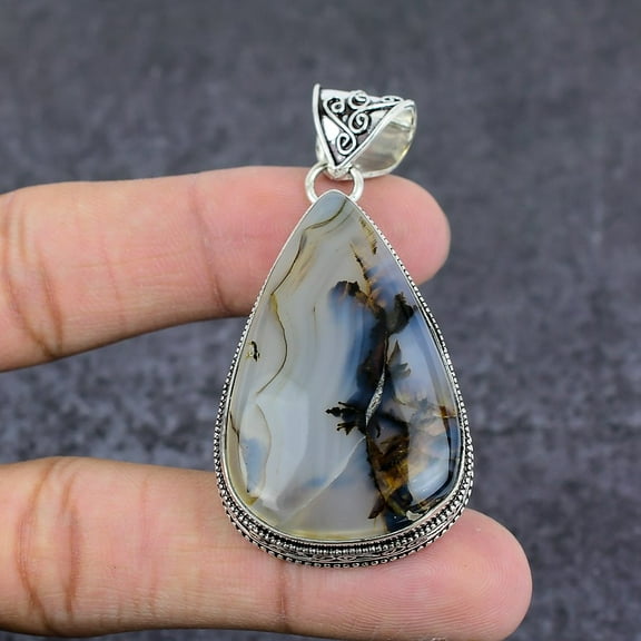 Natural Montana Agate Gemstone Handmade 925 Sterling Silver Pendant 2.40"