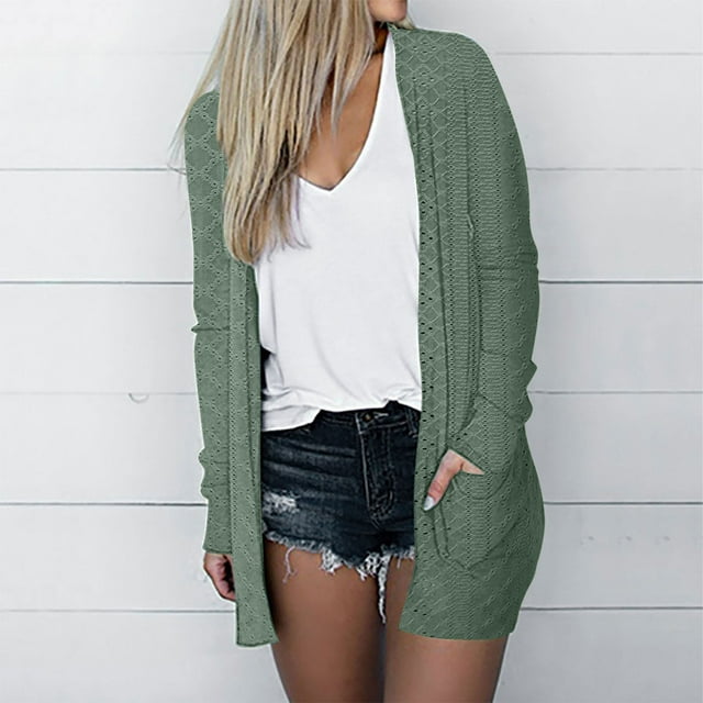 AherBiu Womens Lightweight Cardigan Longer Length Casual Crochet Open-Front Sweater Jacket with Pockets