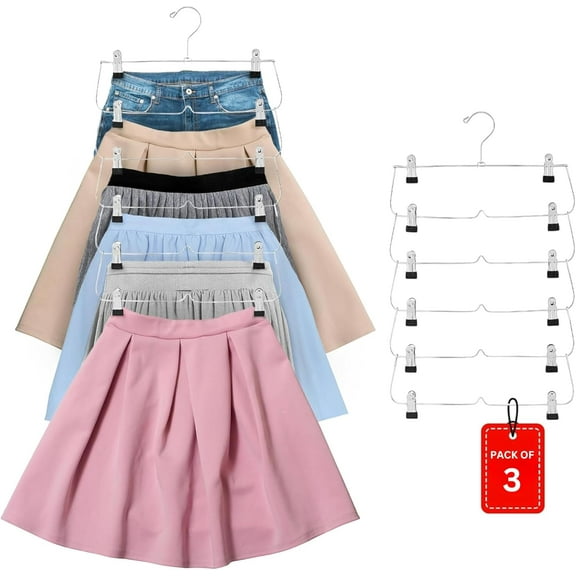 USTECH 3 Pack – 6-Tier Skirt Hangers with Clips, Space-Saving Closet Organizer for Pants, Shorts, Skirts, and Leggings, Durable Metal Hangers with 360° Rotating Hook