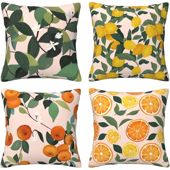 Summer Throw Pillow Covers 18x18 inch Set of 4 Fruit Leaves Pillow Cases Lemon Orange Decorative Cushion Covers for Sofa Couch