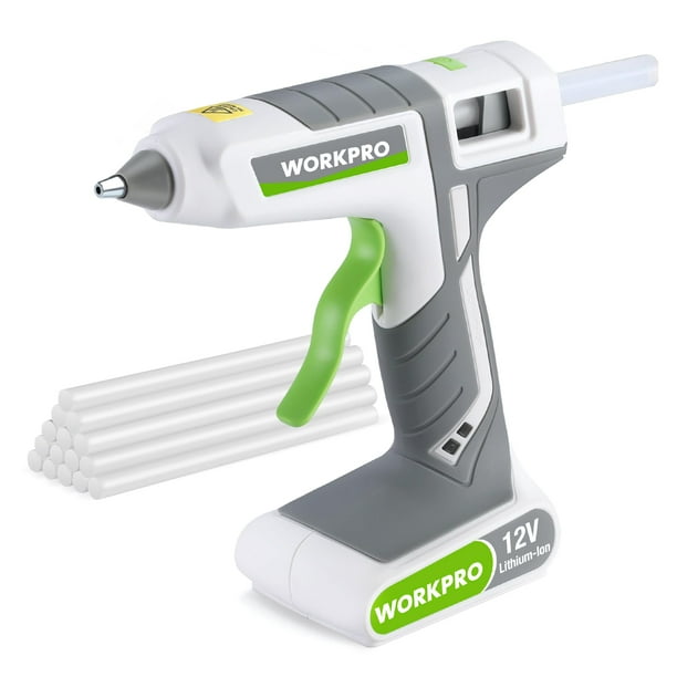 Pistola de pegamento termofusible inalámbrica WORKPRO 12 V recargable blanca