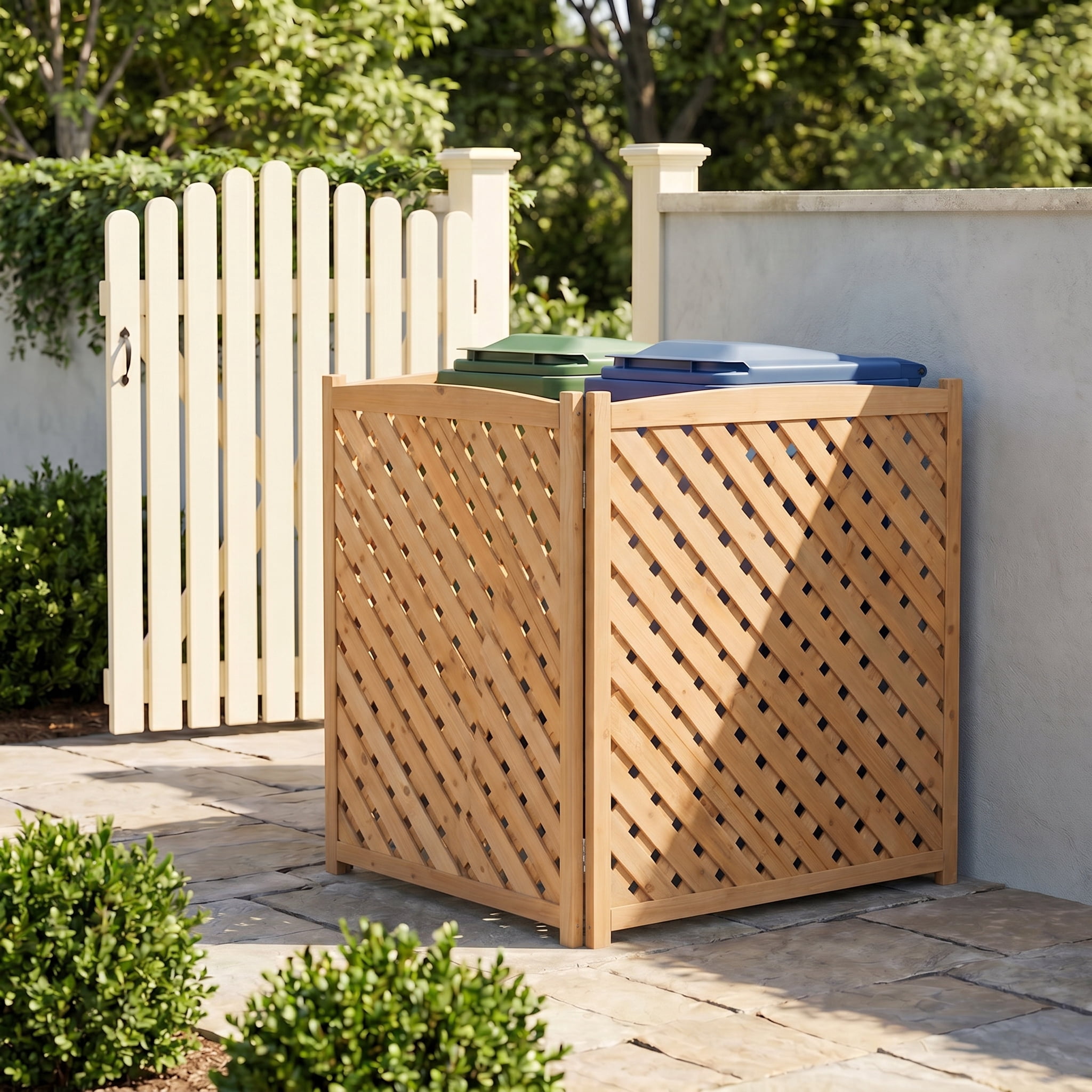 3-Panel Outdoor Air Conditioner Privacy Fence Screen, Solid Wood Enclosure and Trash Can Hide for AC Unit, Light Brown
