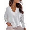 thumbnail image 2 of Womens Long Sleeve V Neck Sweater Casual Loose Chunky Knit Fall Sweater Pullover Shirts Top for Women White L, 2 of 5