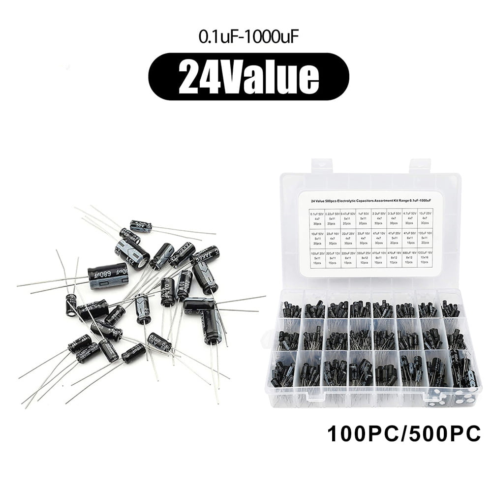 500Pcs 24Value 0.1uF-1000uF Electrolytic Capacitors condenser Assortment Kit Set 