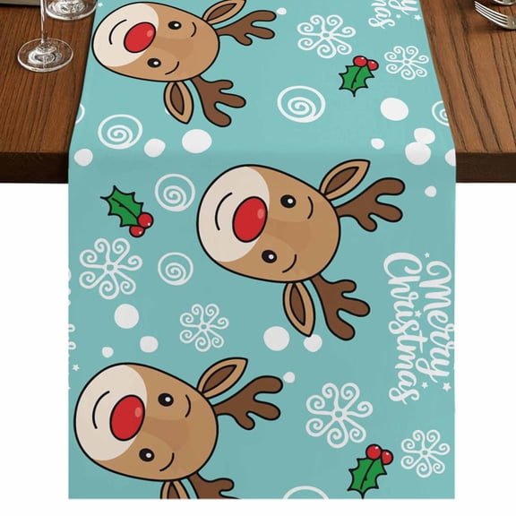 Table Runners 60 Inches Long Dress Scarves, Christmas Blue Farmhouse Kitchen/Dining Table Runner, Small Coffee Tablerunners, Xmas Cute Elk Winter Leaves Cartoon Snowflake 13x60 Inch