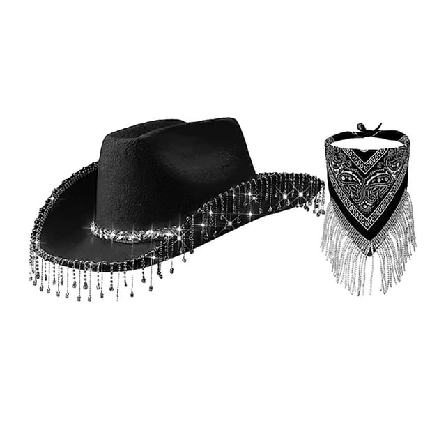 Sombreros de vaquero con pañuelo estampado de cachemira, pañuelo para la cabeza de cachemira, sombrero para el sol para mujer Negro