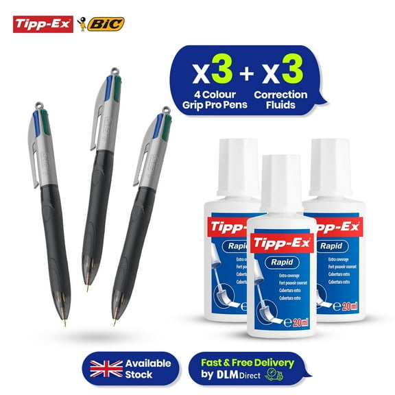 BIC 4 Colours Grip Pro Pens Pack of 3 & Tipp-Ex Correction Fluid Pack of 3
