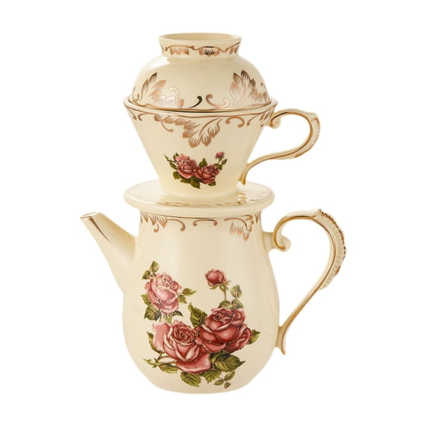Juego de gotero de café de cerámica Macarena estilo vintage portavasos artesanal 80 ml Rosa