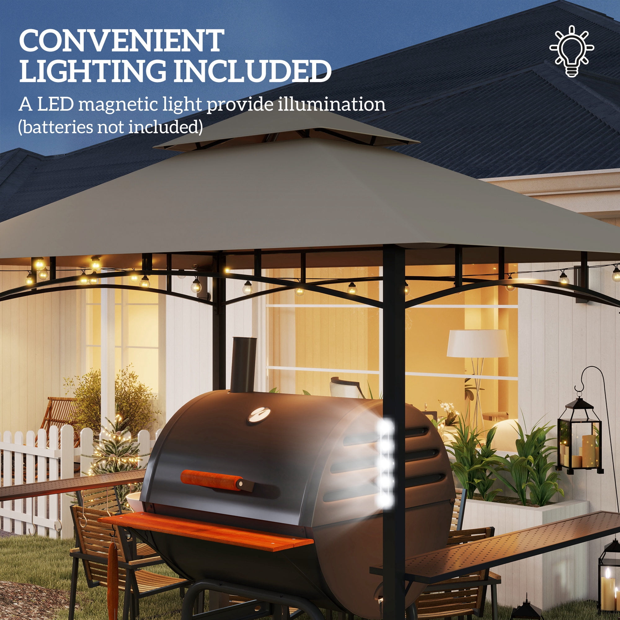 Outsunny 8' x 5' Grill Gazebo, Double Tiered Outdoor BBQ Gazebo with LED Light, 2 Side Shelves, Hooks and Bottle Opener for Patio Yard, Khaki