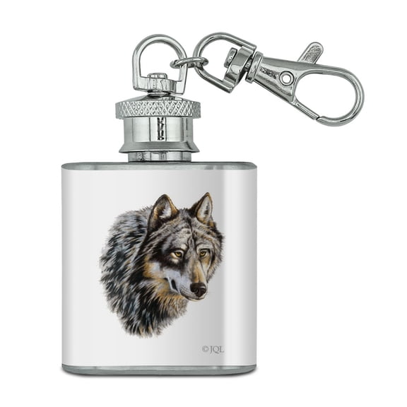 Wild Wolf Head Stainless Steel 1oz Mini Flask Key Chain