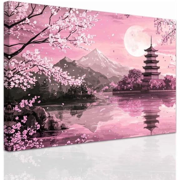 ZHONGYUTONG Japanese Wall Art Pink Cherry Blossom Pictures for Bedroom Japan Landscape Poster Prints Sakura Canvas Painting Framed Ready to Hang (12.00" x 18.00")
