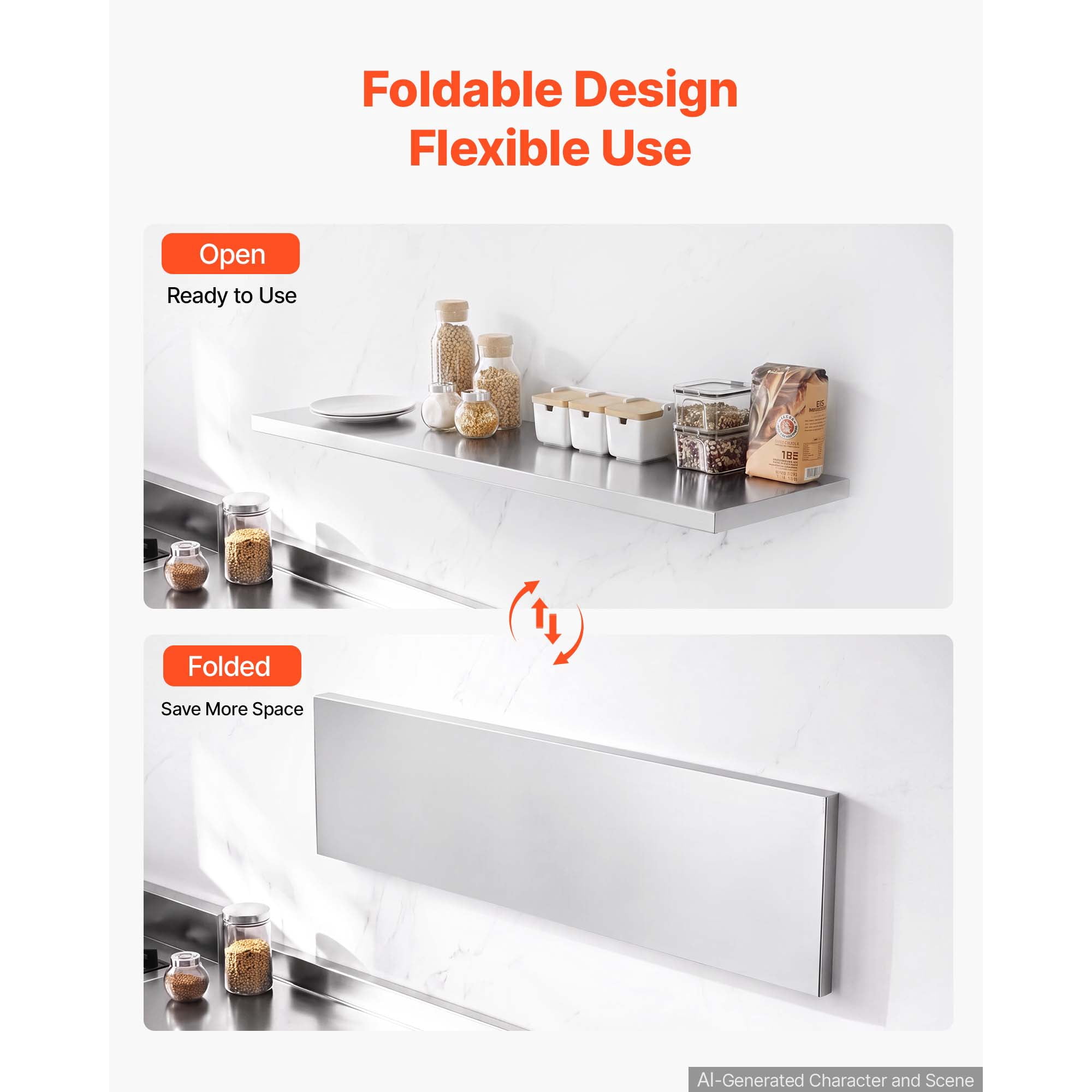 KFFKFF Stainless Steel Wall Shelf 12" x 48" Foldable Design, Durable Floating Shelf with Brackets, 300 lbs Load Capacity, Easy Maintenance, Ideal for Kitchens, Restaurants, and Garages