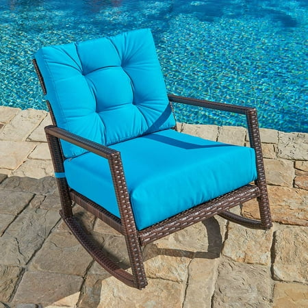 SUNCROWN Patio Rocking Chair (1 Piece) Outdoor Furniture Teal Wicker Seat with Thick, Washable Cushions | Backyard, Pool, Porch | Smooth Gliding Rocker with Improved