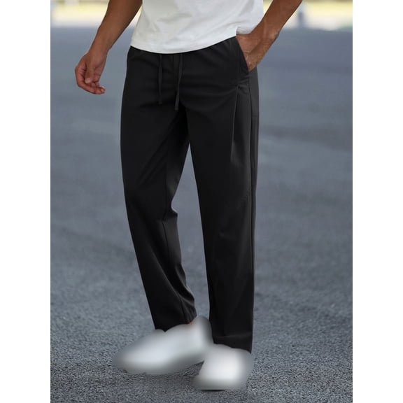 Men's Trousers Elastic Waist Drawstring Straight Leg Loose Fit Full Length Pants with Pockets
