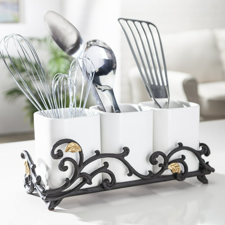 Gold Leaf Ceramic 3-vase Flatware Caddy with Espresso Brown Vines and Gold Leaf Accented Base Gold Leaf Ceramic 3-vase Flatware Caddy with Espresso Brown Vines and Gold Leaf Accented Base