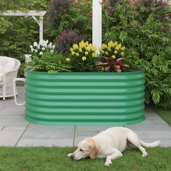 Raised Garden Bed, 8x4x2ft Galvanized Planter Box Outdoor with Anti-Cut Safety Edges, Oval Metal Planter Box for Outdoor Vegetables Flowers Herbs Fruits, Green