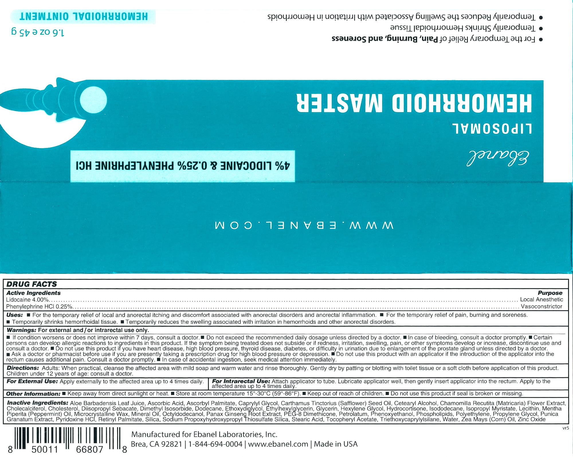 Ebanel 4% Lidocaine Hemorrhoid Treatment Ointment with Phenylephrine, Hydrocortisone, Vitamins B6, D3, E, Zinc Oxide, External and Internal Hemorrhoids Treatment Burn Itch Pain Relief Anal Cream