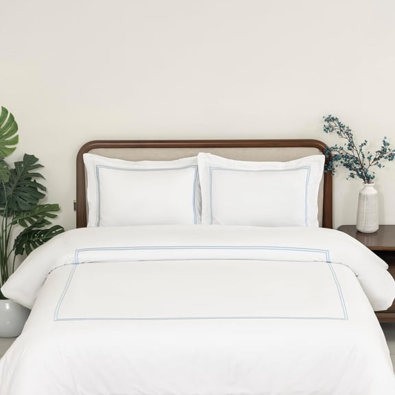 Dreamology White Duvet Cover Queen 100% Cotton Embroidered 3 Piece Set, Soft, Lightweight T300 Sateen (Sky Blue)