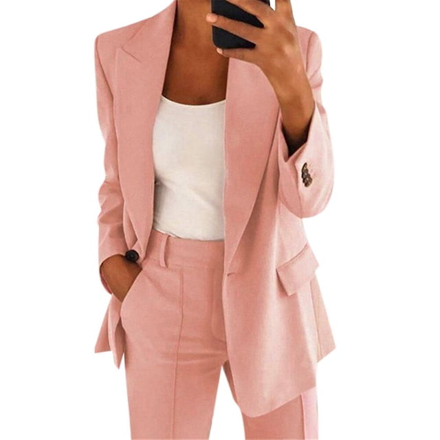 Women's 2 Piece Business Suit Set Lapel Single-breasted Polyester Suit Jacket With Straight Trousers
