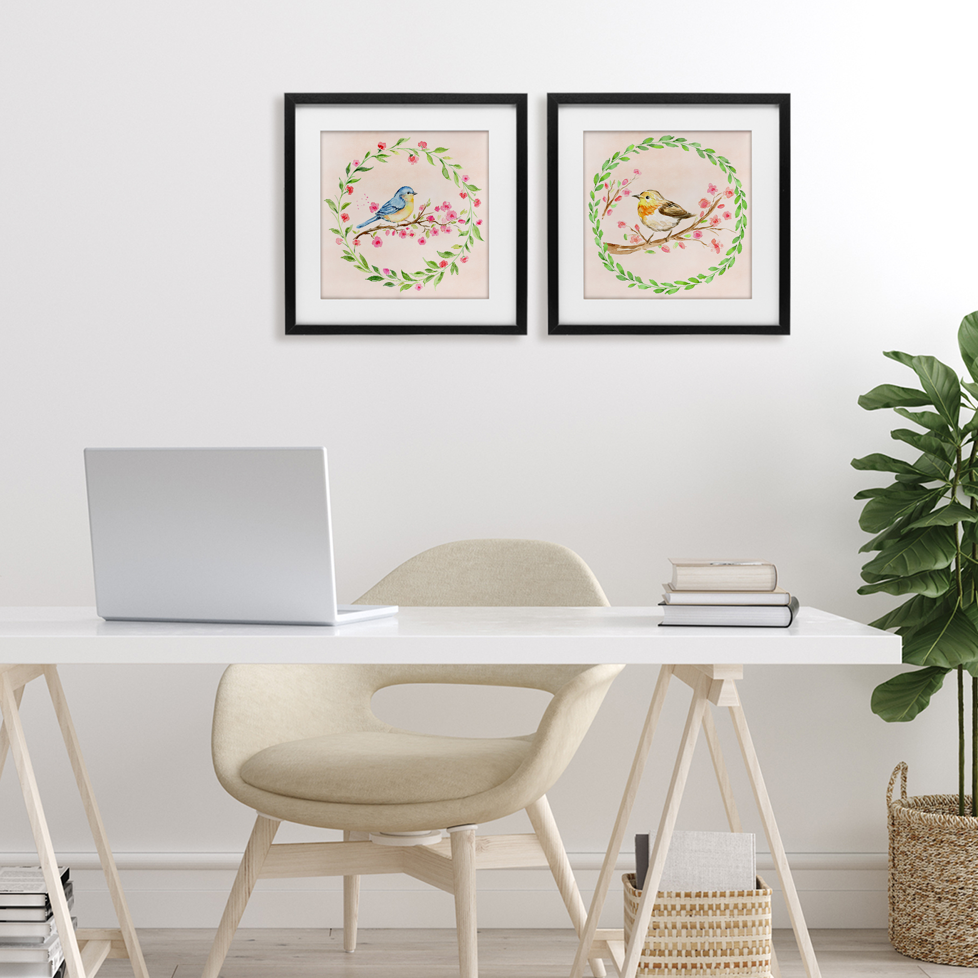 Spring Branches & Wreath Birds 2 Piece Black Framed Print Under Glass Set, design by Elena Fay