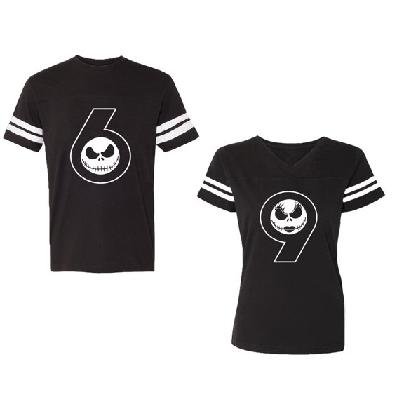 Halloween 69 Unisex Couple Matching Cotton Jersey style T-Shirt Contrasting stripes on sleeves (Men Black / Women Black) (Men S / Women S)