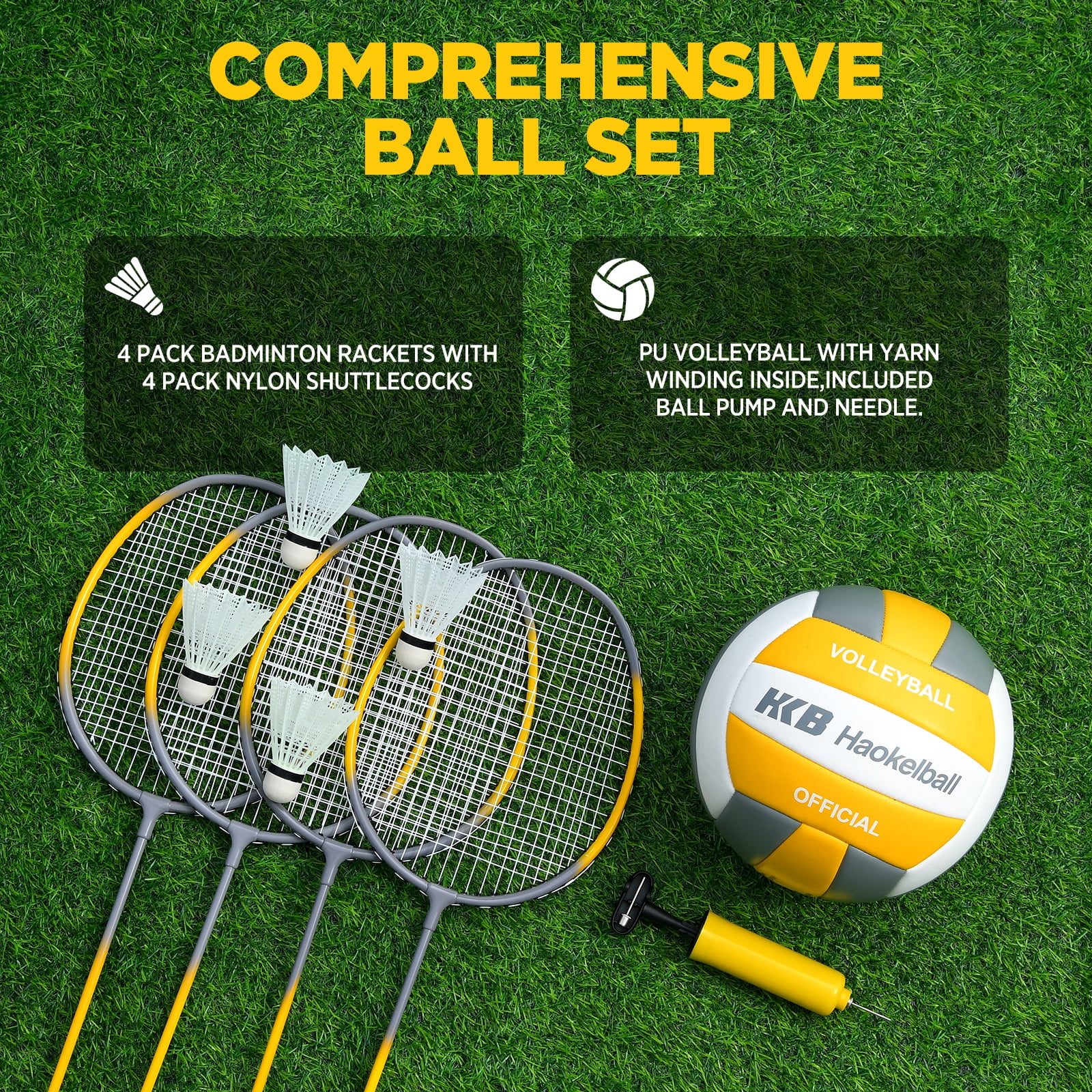 Haokelball Outdoor Volleyball and Badminton Combo Set with Net Width and Height Adjustable Volleyball Badminton Net for Backyard, 4 Rackets, 4 Shuttlecocks, Boundary, Volleyball, Pump and Carry Bag