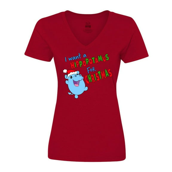 Inktastic I Want a Hippopotamus for Christmas Cute Stuffed Hippo Women's V-Neck T-Shirt