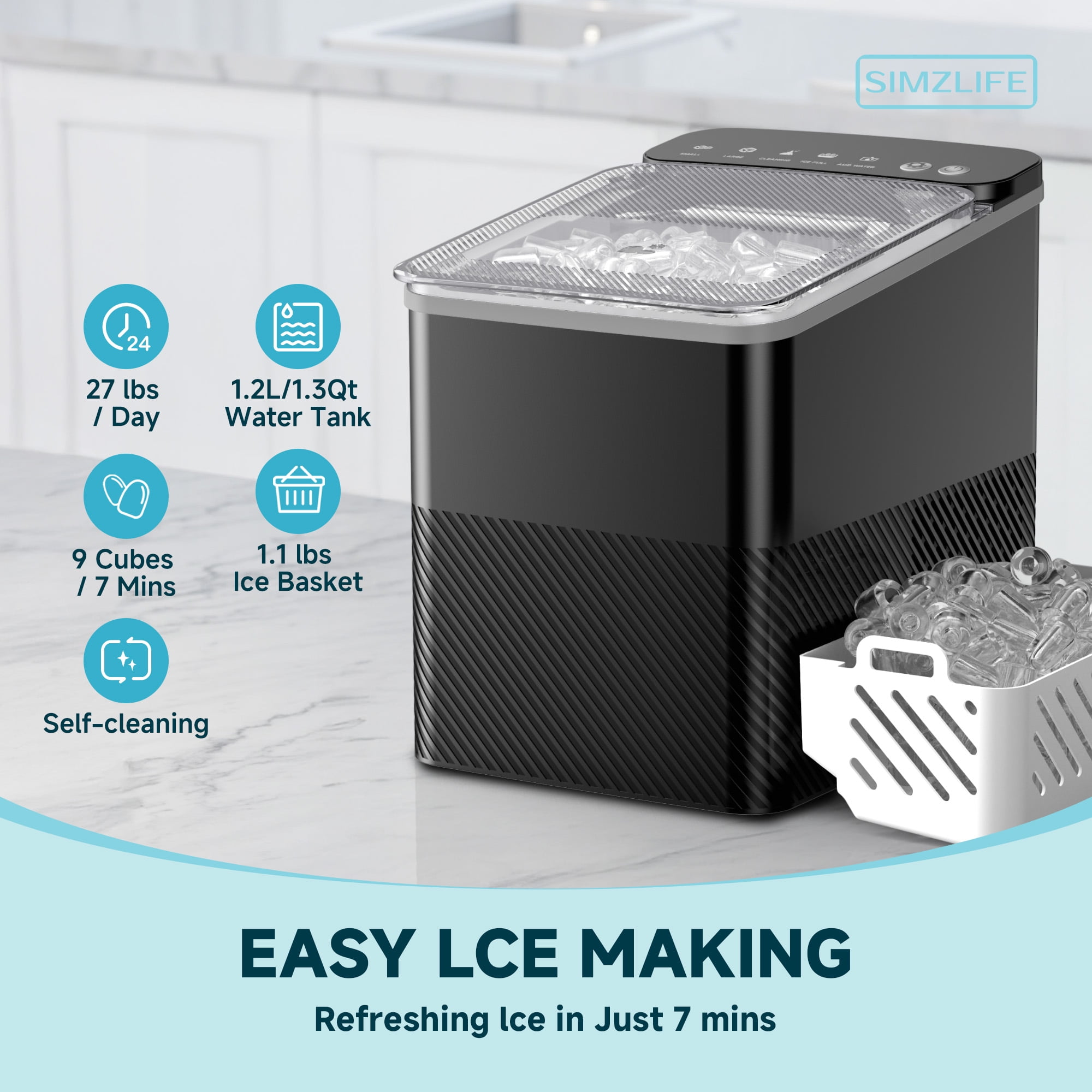 Simzlife Ice Maker Countertop, 9 Cubes Ready in 6 Mins, 26lbs in 24Hrs, Self-Cleaning Ice Machine with Ice Scoop and Basket, 2 Sizes of Bullet Ice for Home Kitchen Office Bar Party