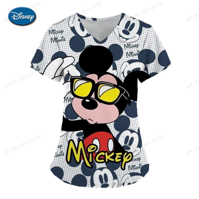 Woman Clothes Mickey T-shirts Hospital T-shirt Summer V Neck Tops Disney Top Women 2023 Pocket Minnie Mouse Nurse Uniform TeesXXXL Gao Jinjia LED