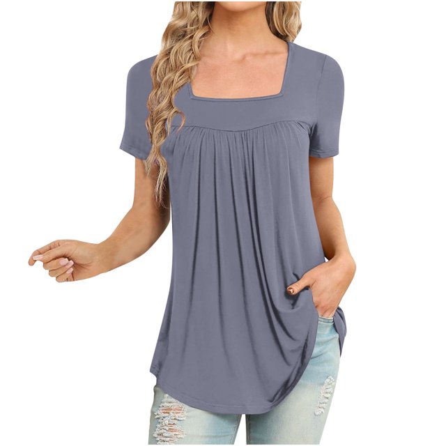 Timegard Hauts à Manches Courtes pour Femmes Col Carré Froncé Confortable Couleur Unie T-Shirt Basique Tunique Décontractée pour Leggings