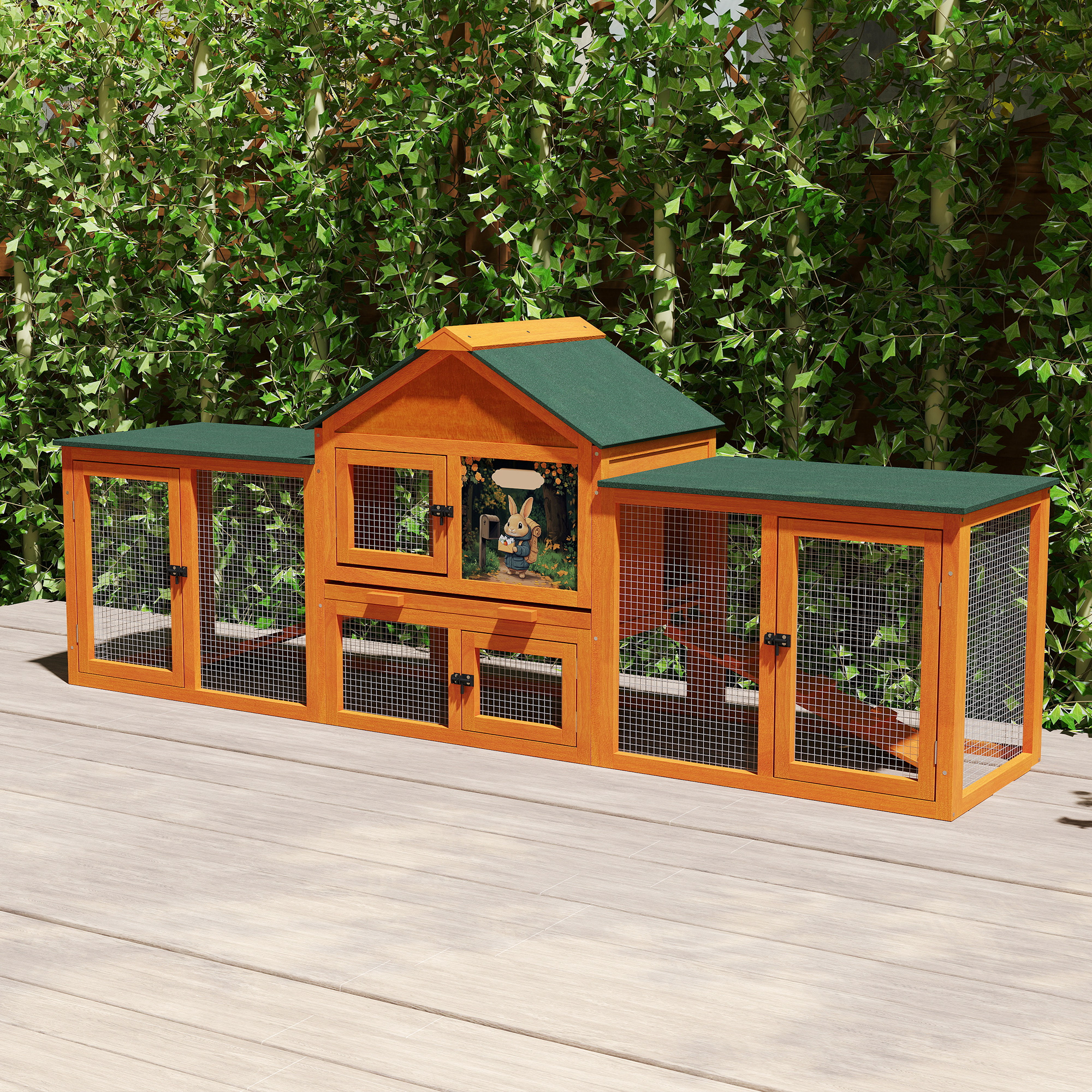 83”Large Wooden Rabbit Hutch Outdoor Easy to Assemble，Rabbit Cage Bunny Hutch Indoor with Cleaning Tray & Waterproof Roof for Small&Medium Bunny Rabbit，Orange