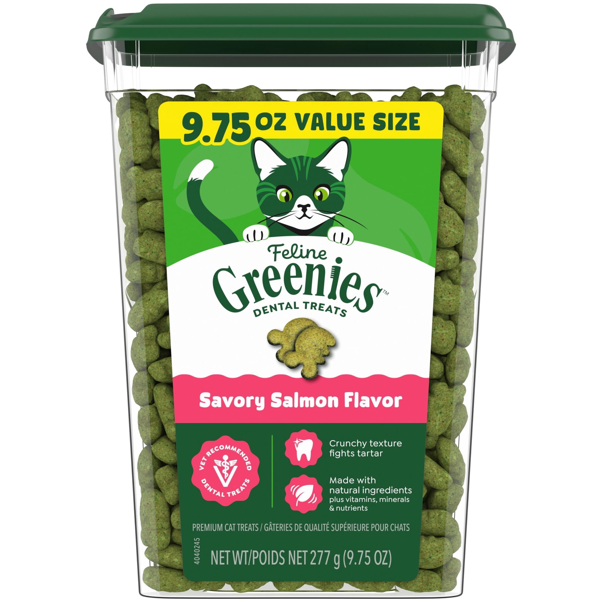 Greenies Feline Savory Salmon Flavor Adult Natural Dental Cat Treats, 9.75 oz Tub