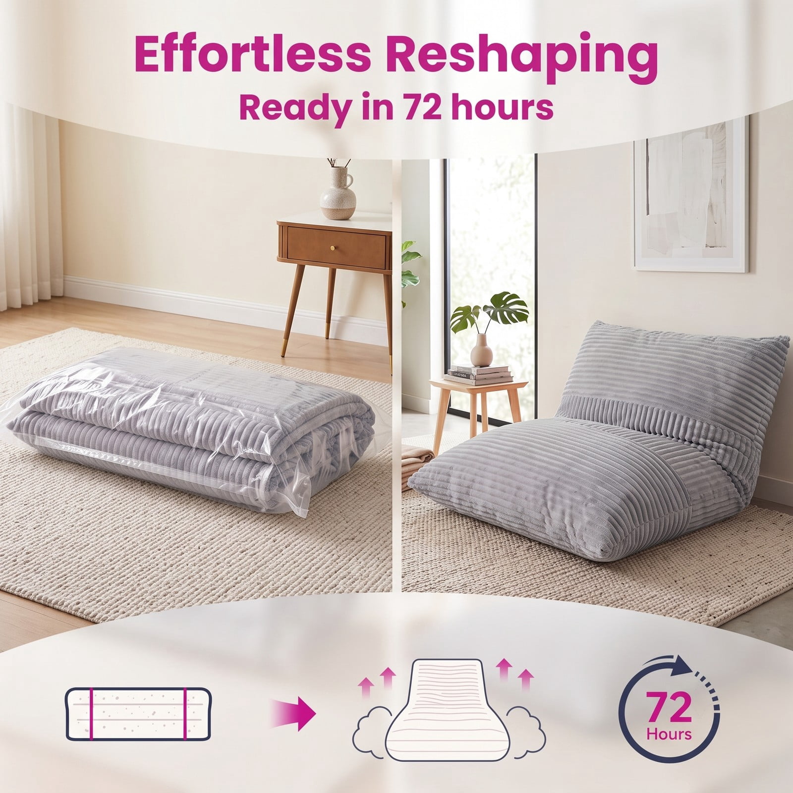 Furnibear 3-in-1 Large Bean Bag Chair, Convertible Corduroy Lounger Bed Sofa with Plush Sponge Fill and Washable Zippered Cover for Bedroom Dorm Living Room, Light Gray
