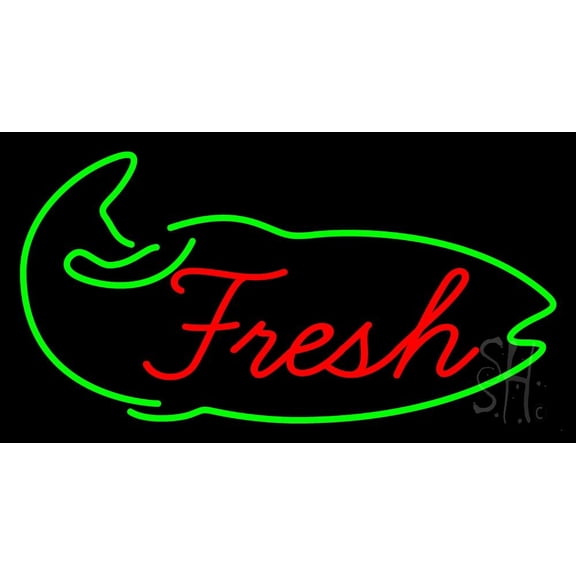 Fresh Fish Logo LED Neon Sign 20 x 37 - inches, Black Square Cut Acrylic Backing, with Dimmer - Bright and Premium built indoor LED Neon Sign for restaurant window and interior decor.