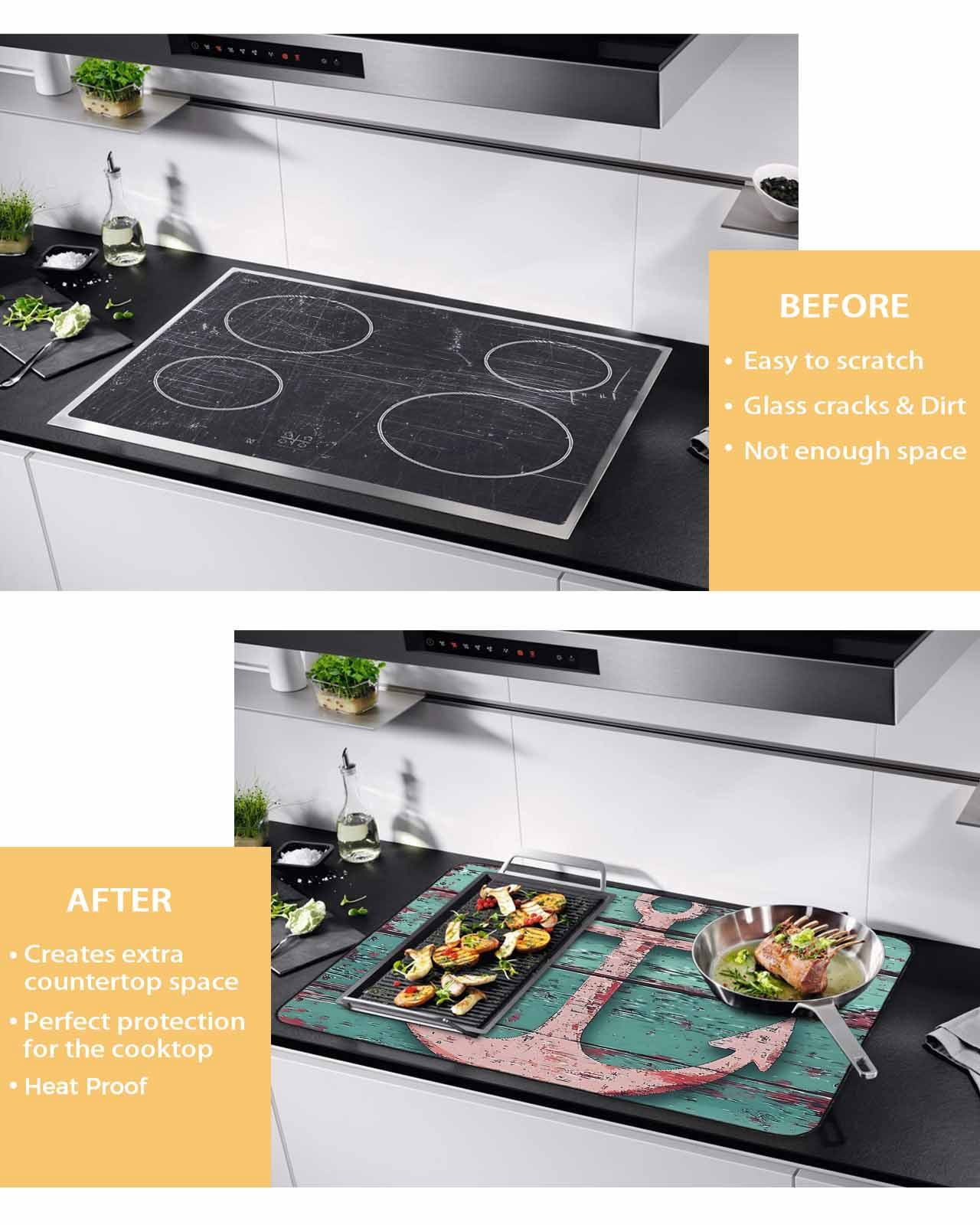 nqOlkjepod Large Induction Cooktop Protector Mat 28.5"x20.5", Pink Anchor Stove Top Covers for Electric Stove, Nautical Vintage Rustic Turquoise Wooden Stove Burner Cover Mats, Glass Top Stove Cover