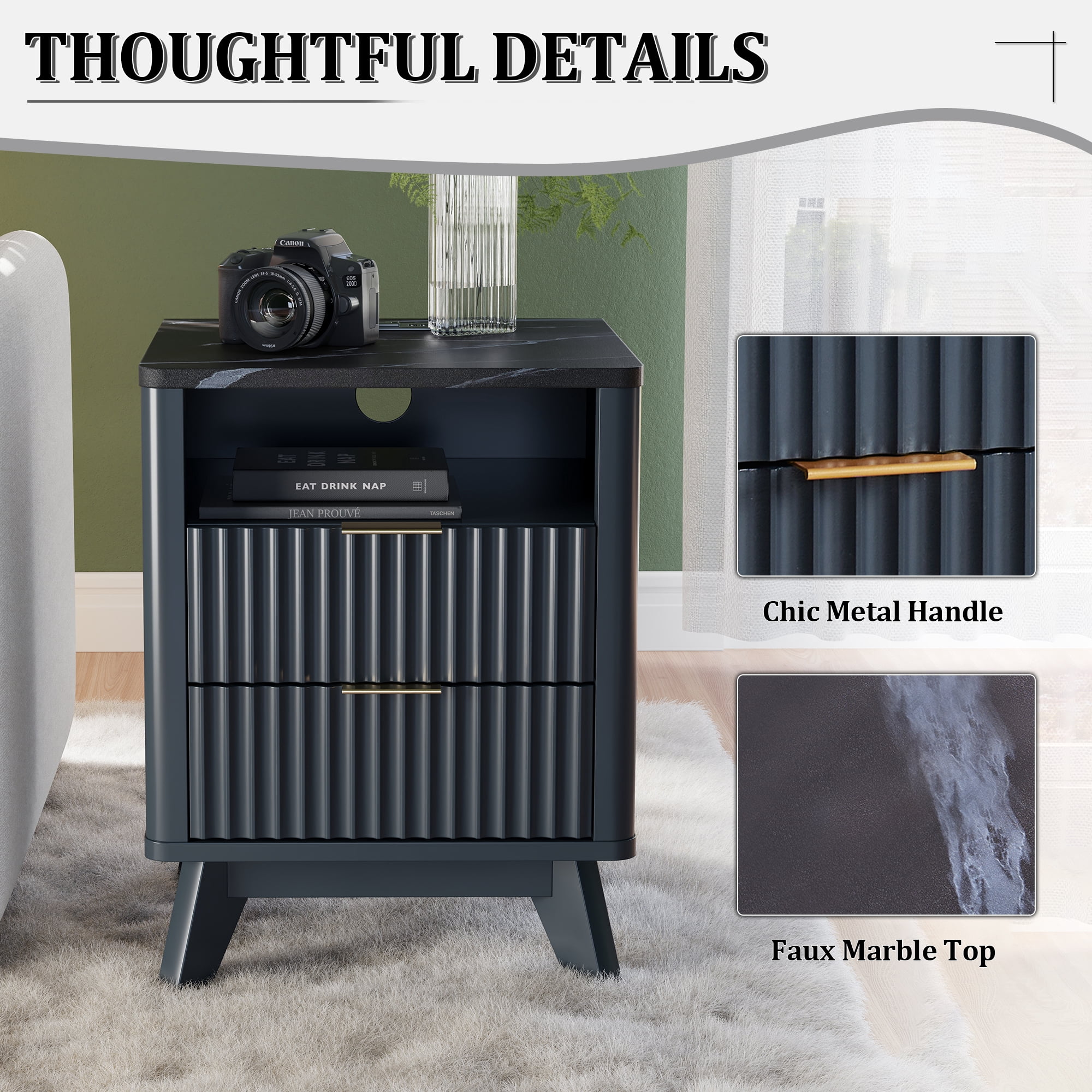 KeyWhat Modern Nightstand with Charging Station, Mid-Century Wood End Table Side Table for Living Room, Fluted Panel, Dark Grey