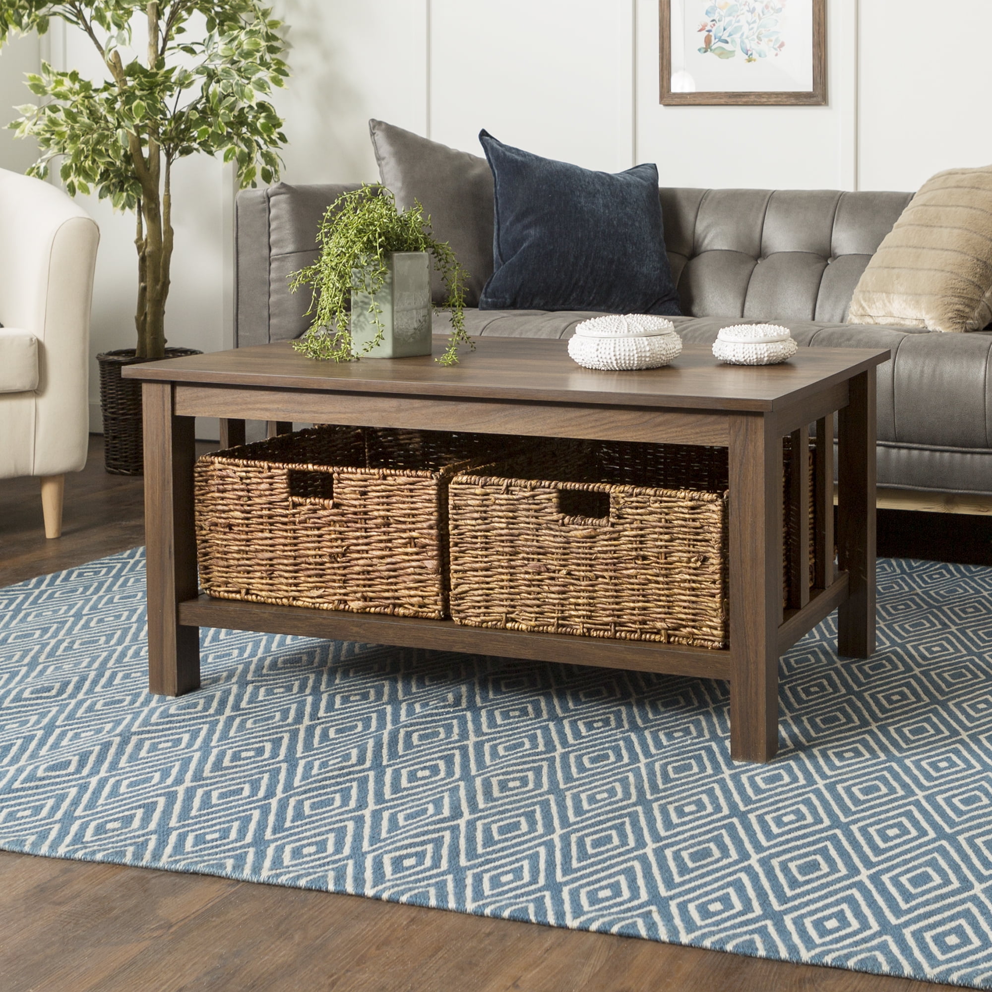 Manor Park Traditional Wood Storage Coffee Table with Totes - Dark