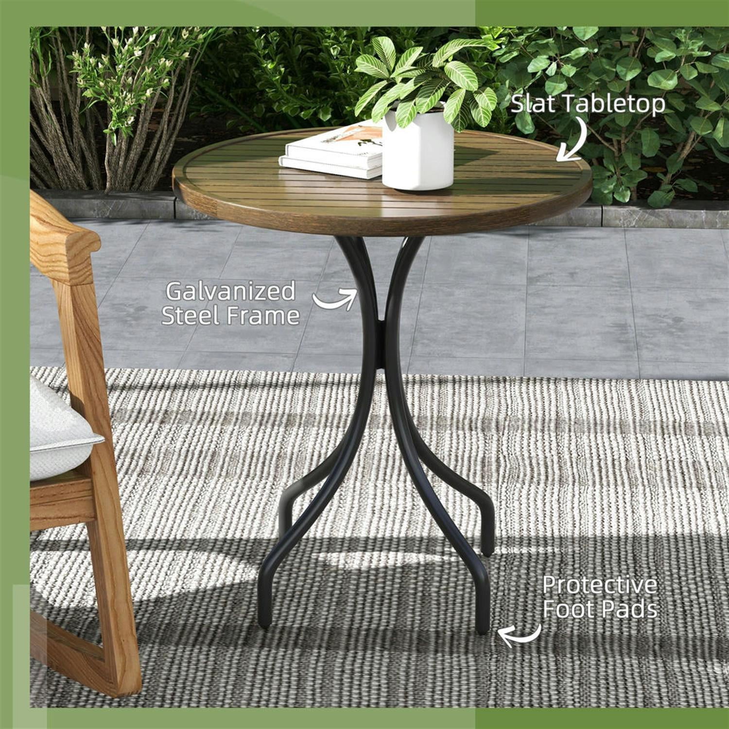 Demi Bonn 26" Round Outdoor Side Table, Steel Frame Slat Top, Garden Backyard for Outdoor Dining, Brown