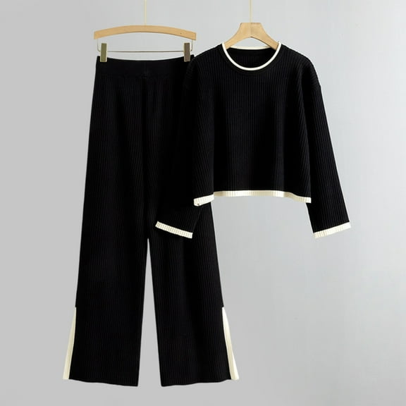 Cadancy Airport Outfit Women Long Sleeve Soft Crewneck Knit Tops Color Block High Waist Wide Leg Side Slit Pants Comfy 2 Piece Outfits Sweatsuits 2025