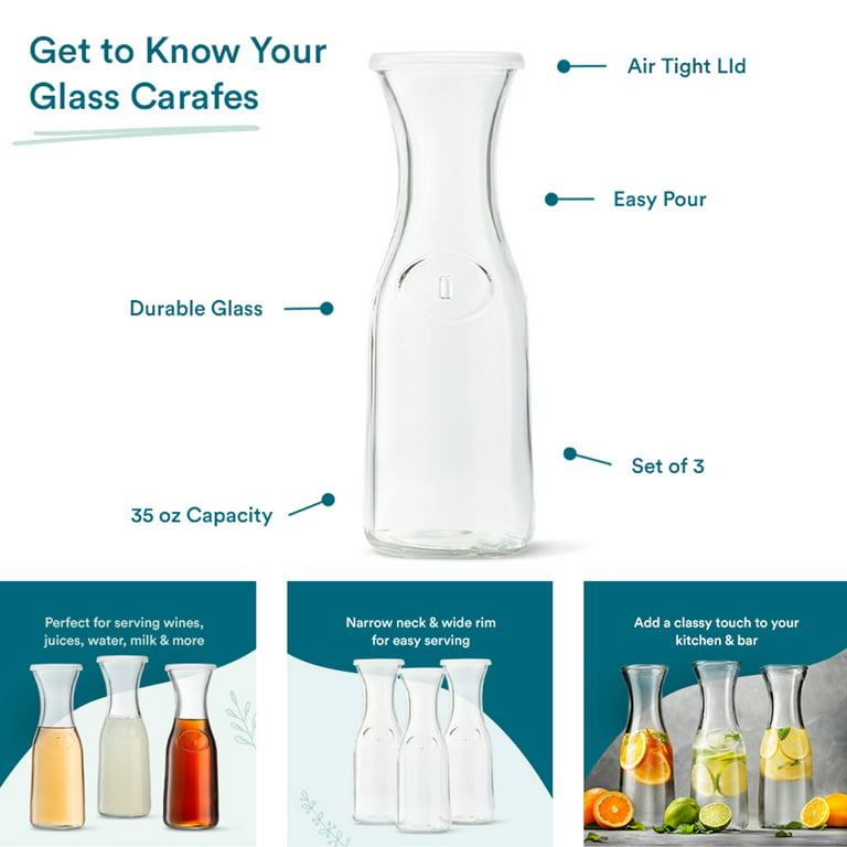 Kook Glass Carafe Pitchers, Beverage Dispensers, Clear Jugs For Mimosas,  Water, Wine, Milk and Juice, with Plastic Lids, Dishwasher Safe, 35 oz (Set