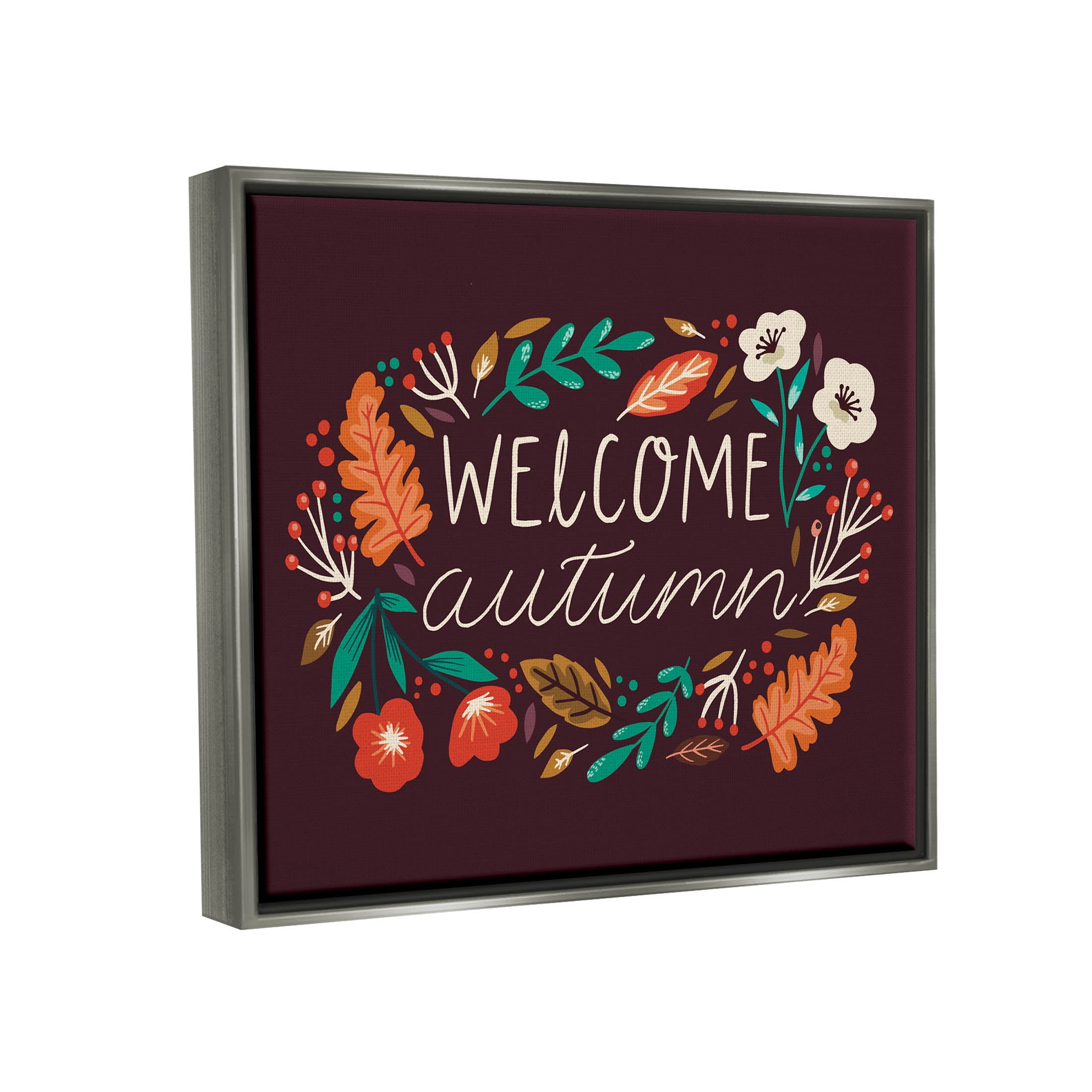 Welcome Autumn Fall Botanicals Holiday Graphic Art Luster Gray Framed Art Print Wall Art