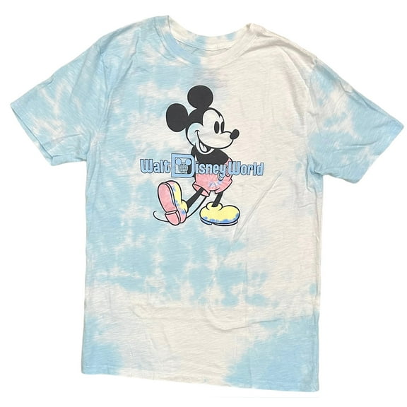 Mickey Mouse Walt Disney World Disney Theme Park Blue White Tie Dye Tee T-Shirt (X-Small, Blue/White Tie Dye)